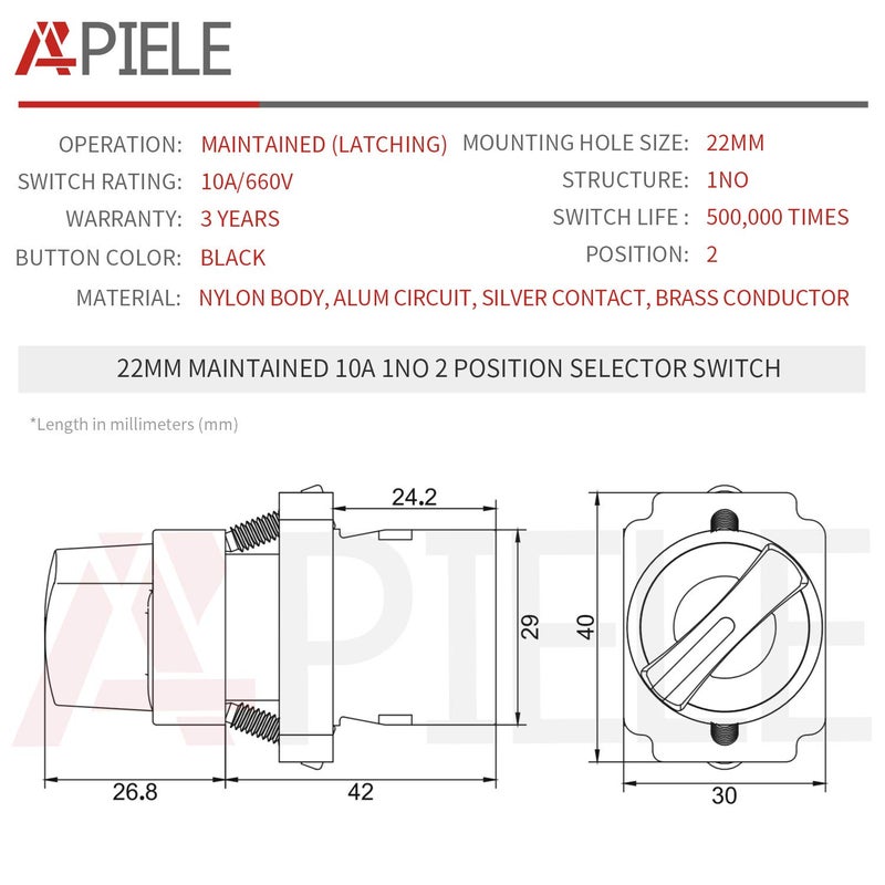 APIELE (Pack of 2) 22mm 2 Position Selector Switch Maintained 1NO XB2-10X/21 (2 Position Maintained) - Image 2